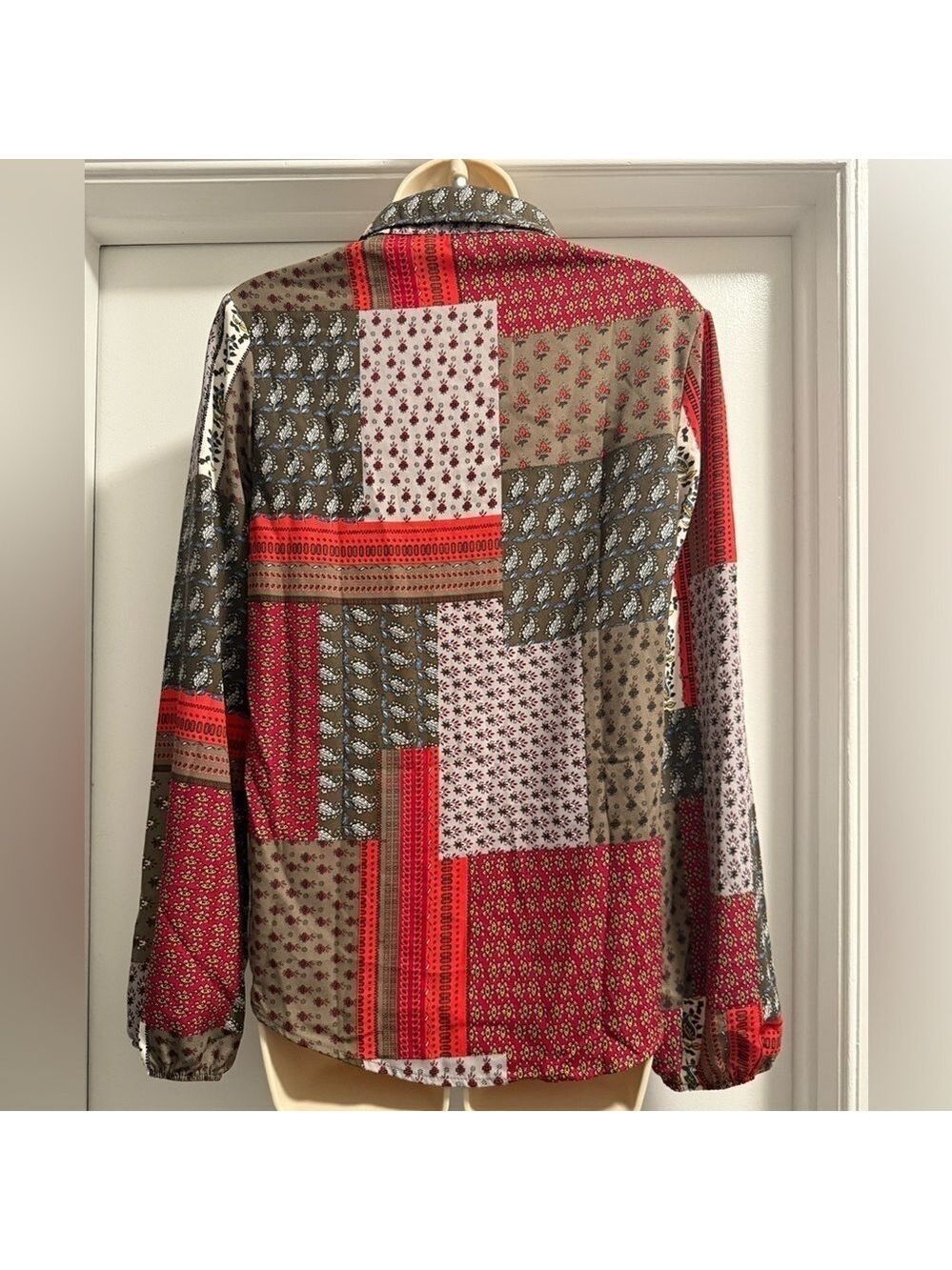 Bucketlist Red Gray Brown Bandana Patchwork Button Up Tunic Shirt Small - Picture 8 of 16